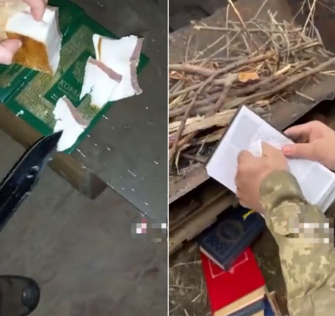 우크라이나 군복을 입은 사람이 이슬람교 성서인 코란에 돼지고기 비계를 문지르고 코란을 찢어 불태우는 영상이 틱톡 등을 통해 퍼졌다. 우크라이나 측은 러시아가 유포한 가짜뉴스라고 반박했다(사진 일부 모자이크 처리함). 트위터 캡처