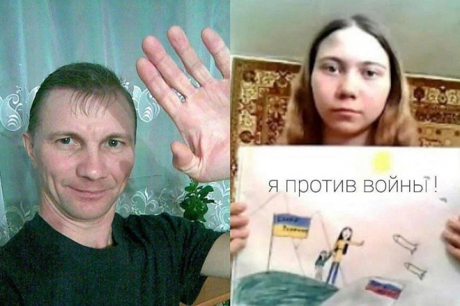 초등학교 미술수업 시간에 우크라이나 침공을 비판하는 그림을 그린 열두 살 소녀 마리야 모스칼료바(오른쪽)가 그림을 들고 있다. 마리야의 아버지 알렉세이 모스칼료프는 전시검열법 위반으로 징역 2년을 선고받기 직전 망명했다. 러시아 인권단체 OVD-인포 소셜미디어 캡처