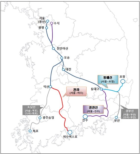 고속철도 노선도 및 수혜지역. (자료=국토교통부 제공)