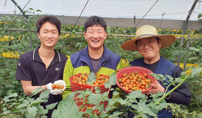 쿠팡에 토마토를 납품하는 농업회사법인 ‘팜팜’의 직원들이 수확한 방울토마토를 들고 웃고 있다. 쿠팡 제공