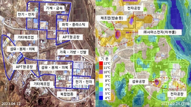 18일 자유아시아방송(RFA) 등에 따르면 북한이 개성공단 시설을 무단 사용하고 있다는 정황이 담긴 열적외선 위성사진이 공개됐다. 열적외선으로 온도를 감지하면 온도가 높은 곳은 ‘붉은색’, 낮은 곳은 ‘푸른색’으로 나타나는데 열을 발산하는 붉은색 구역이 4곳 식별됐다.   정성학 경북대학교 국토위성정보연구소 부소장, 플래닛랩스 제공 연합뉴스