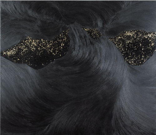 전인수, Flow #1, 140x160cm, natural lacquer on wooden panel, gold leaf, mother of pearl, 2023
