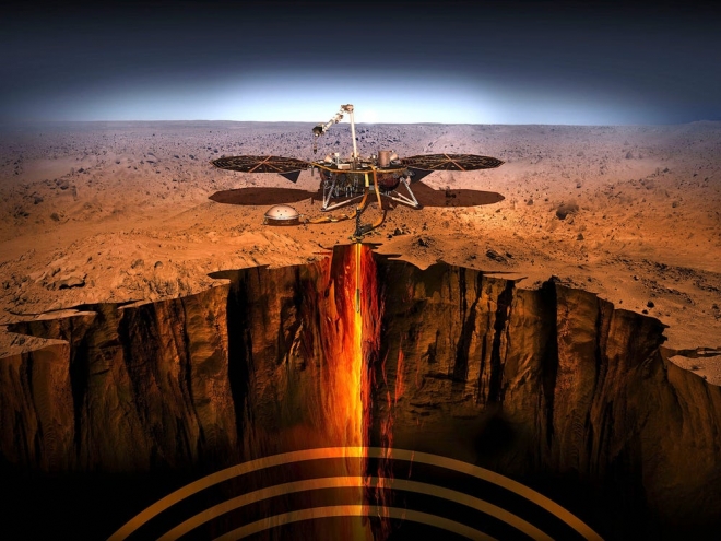 미국 항공우주국(NASA)의 화성 지질탐사선 인사이트가 지진을 관측하는 상상도.  NASA·제트추진연구소(JPL)-칼텍·메릴랜드대 제공