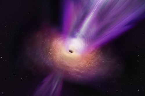 블랙홀의 부착원반과 제트를 나타낸 상상도. 원반 형태를 이루며 블랙홀로 빨려 들어가고 있는 물질들인 부착원반과 제트의 형태를 이루며 블랙홀로부터 분출된 제트를 확인할 수 있다.  한국천문연구원 제공