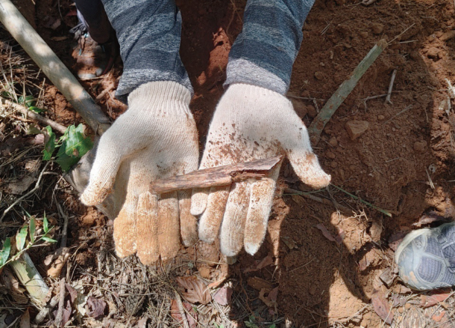 충남 서산 부역 혐의 희생 사건과관련해 2021년 유족회가 유해 발굴 시굴시 일부 확인된 정강이뼈를 공개하고 있다. 진실화해위 제공