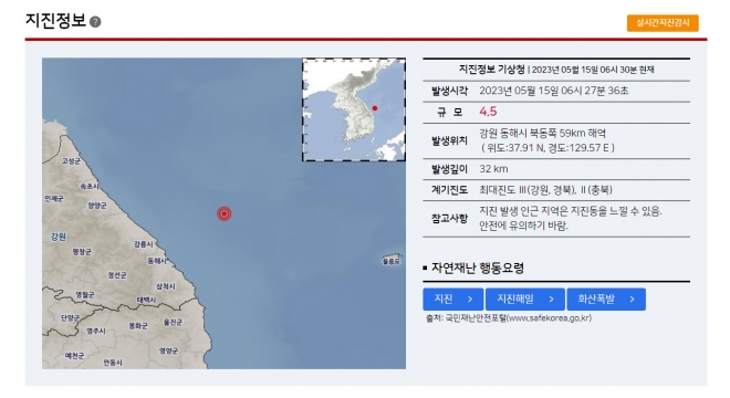 15일 오전 6시 27분 34초 강원 동해시 북동쪽 74km 해역에서 규모 4.5의 지진이 발생했다고 기상청이 밝혔다. 진앙은 북위 37.99도, 동경 129.72도이다. 2023.5.15 연합뉴스