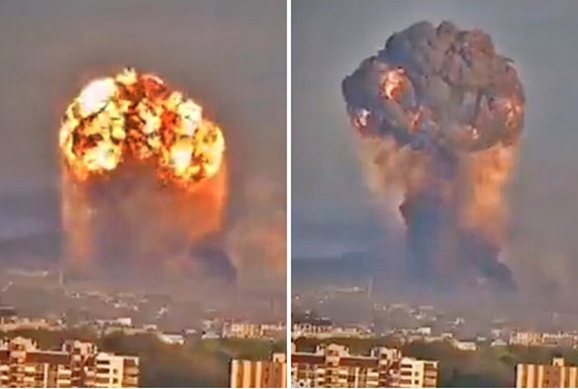 13일(현지시간) 우크라이나 서부 도시 흐멜니츠키에서 러시아군 드론 공습으로 군 탄약고가 폭발해 거대한 ‘버섯구름’이 피어오르고 있다. 2023.5.13 텔레그램