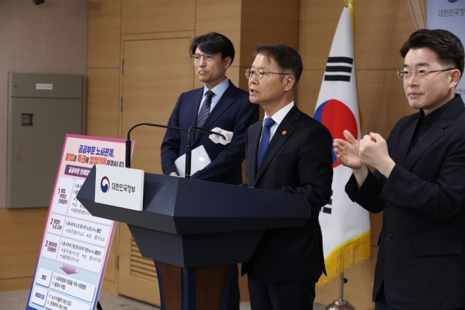 이정식 고용노동부 장관이 17일 정부서울청사에서 공공 부분 단체협약 실태 결과를 발표하고 있다. 연합뉴스