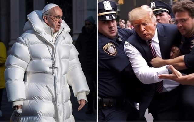 지난 3월 확산한 순백의 패딩 입은 프란치스코 교황의 사진(왼쪽)은 인공지능(AI) 툴 미드저니(Midjourney)로 만들어진 가짜로 밝혀졌다. 오른쪽은 인공지능(AI) 툴 미드저니(Midjourney)가 구현해낸 도널드 트럼프 전 미국 대통령의 가짜 사진. 트위터