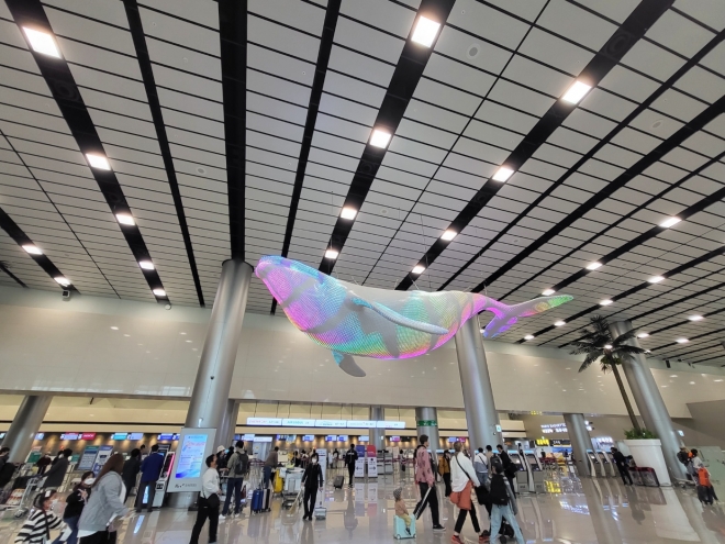 한국계 귀신고래 이미지를 형상화한 이재형 작품 ‘희망 아래서’가 있는 제주국제공항 3층 출발장의 모습. 제주 강동삼 기자