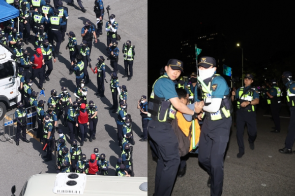 불법집회 해산훈련 경찰, 밤엔 야간집회 참가자 체포