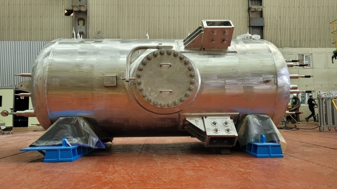 29일 두산에너빌리티가 출하했다고 밝힌 국제핵융합실험로(ITER) 공급용 가압기의 측면. 두산에너빌리티 제공