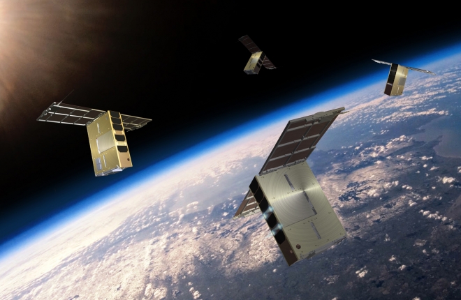 도요샛 4기가 우주에서 편대 비행을 하며 우주 날씨를 관측하는 가상도. 한국천문연구원 제공