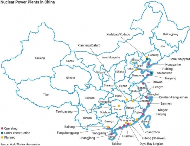 중국의 가동 중인 원전(빨간색)과 건설 중 원전(파란색), 건설 예정 원전(노란색) 세계원자력협회 제공