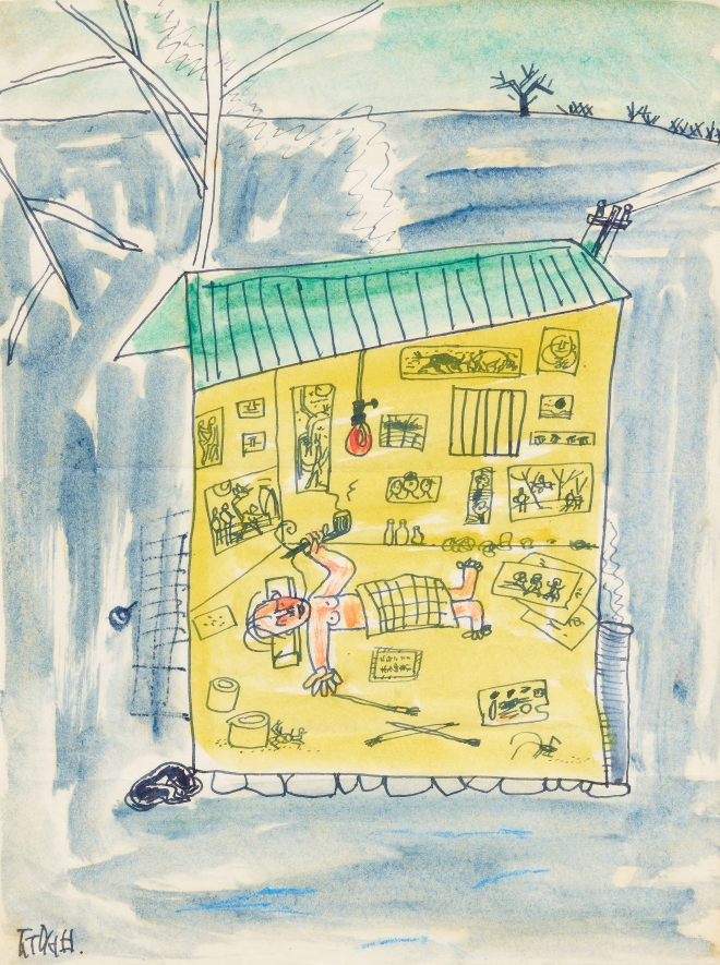 이중섭, 판잣집 화실, 1954, 종이에 펜, 수채물감, 크레용, 27×20.3cm, 국립현대미술관 이건희컬렉션