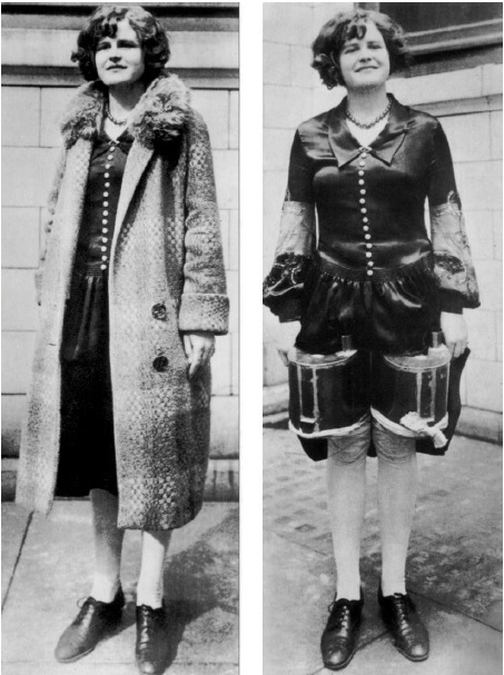 1920년대 미국 금주법 시대의 밀주 운반용 여성복. 코트 안에 바(bar) 하나를 족히 채울 분량의 술이 들어갔다고 한다.