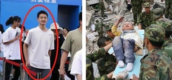 2008년 쓰촨성 원촨 대지진에서 극적으로 구조돼 ‘경례 아기’로 불렸던 랑징(왼쪽·18). 오른쪽 사진은 3살 때인 2008년 구조 현장에서 자신을 구한 군인들에게 경례를 하는 장면. 바이두 캡처