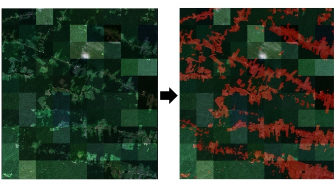 왼쪽이 위성 영상 정보이며, 오른쪽이 인공지능 산림 벌채 영역 탐지 결과다. 한기대 제공