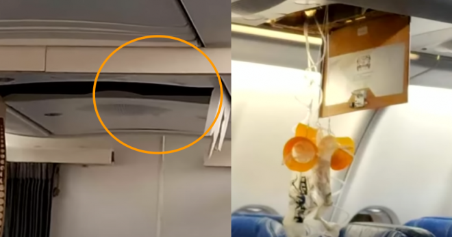 항공기 천장 패널에 구멍이 난 모습(사진 왼쪽)과 산소마스크가 내려온 모습. ABC뉴스 보도화면