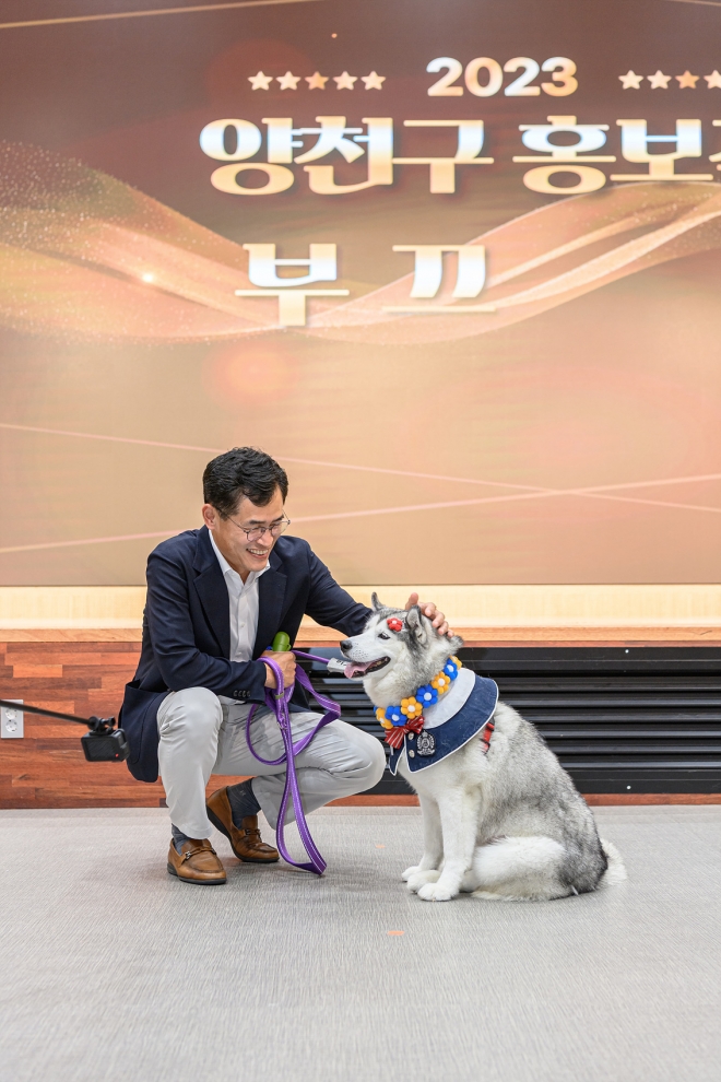 이기재(왼쪽) 양천구청장이 지난 3일 양천디지털미디어센터에서 열린 홍보견 위촉식에서 홍보견으로 위촉된 ‘부끄’를 쓰다듬고 있다. 양천구 제공