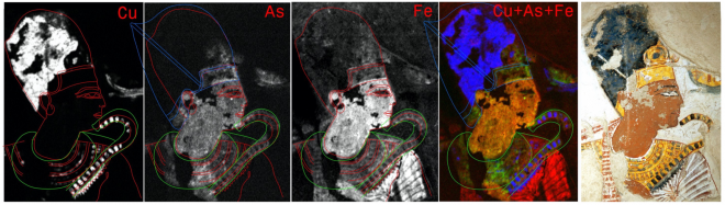 휴대용 X선 형광 분광기술(XRF)을 이용해 람세스 2세의 초상화를 분석한 결과 벽화가 여러 번의 수정 과정을 거쳤음을 알 수 있다. 왼쪽부터 구리(Cu), 비소(As), 철(Fe), 구리+비소+철 형광으로 초상화를 비춰 본 모습. 프랑스 소르본대 분자구조학연구실 제공