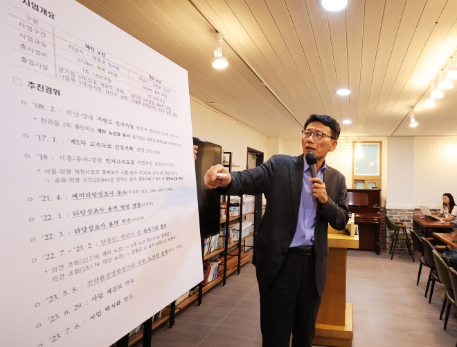 13일 경기도 양평군 양서면 서울-양평 고속도로 예타 노선 종점 인근에서 이용욱 국토교통부 도로국장이 관련 내용을 설명하고 있다. 연합뉴스