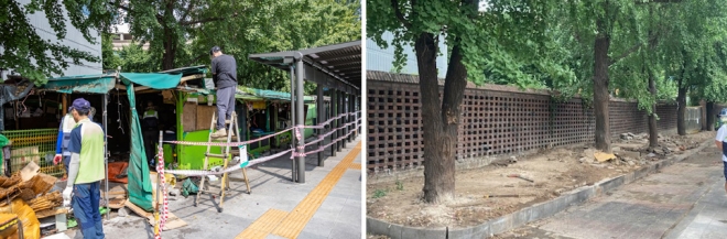 서울 광진구가 지난 7~8일 강변우성아파트 일대 노점상을 대대적으로 정비했다. 사진은 노점상 철거하는 모습(왼쪽)과 정비된 모습. 광진구 제공