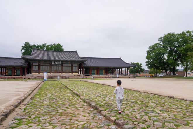 한 어린이 관광객이 임금만 다닐 수 있었던 금성관 어도(御道)를 걷고 있다.