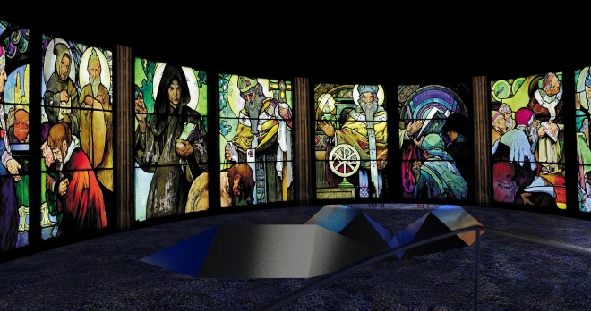 알폰스 무하가 디자인한 프라하의 성 비투스 성당 스테인드글라스를 디지털화해 영상으로 구현한 모습. 서울디자인재단 제공