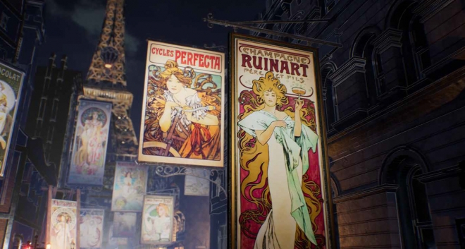 알폰스 무하의 대표 포스터들이 내걸린 19세기 파리 거리 풍광을 재현한 미디어아트의 한 장면. 서울디자인재단 제공