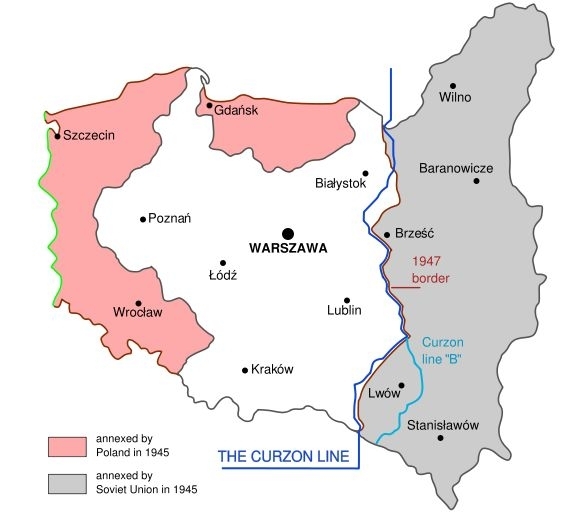 왼쪽이 1945년 종전과 함께 독일로부터 보상 받은 폴란드 서부 영토이고, 오른쪽은 소련에 점령당했다가 그대로 소련 영토로 인정된 동부 영토.  위쪽이 지금의 벨라루스, 아래가 우크라이나 영토다.