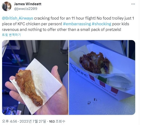 당시 승객들이 받은 기내식은 고작 KFC 치킨 1개였다며 불만을 토로한 트윗. 트위터 화면 캡처