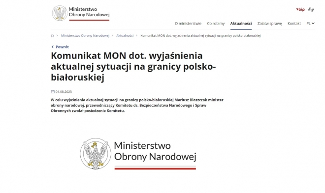 1일(현지시간) 폴란드 국방부는 홈페이지를 통해 “군 지휘부 상황 분석 결과 2023년 8월 1일 국경 지대에서 훈련 중이던 벨라루스 헬기 2대가 폴란드 영공을 침범한 것으로 확인됐다”고 밝혔다. 2023.8.1 폴란드 국방부 홈페이지