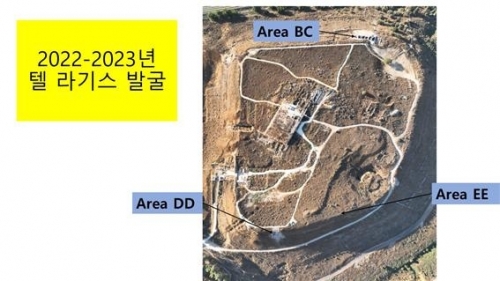 제7차 텔 라기스 발굴 지역 항공사진. BC는 히브리대, DD와 EE는 한국이 맡았으며 EE에서 남쪽 성벽이 발견됐다. 이스라엘 관광청 제공.