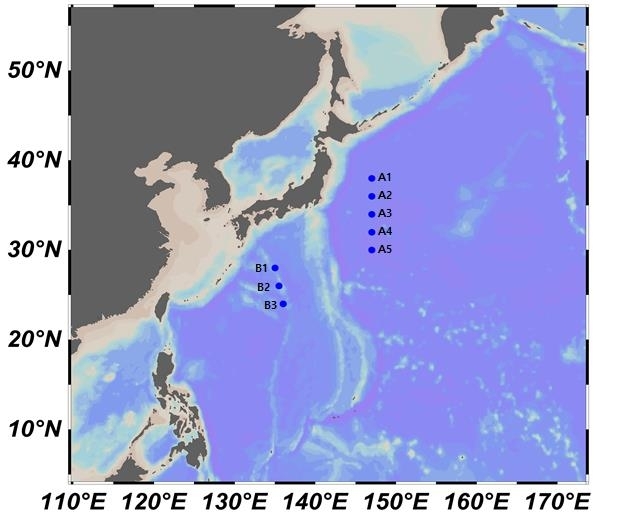 해양수산부가 매달 해양 방사능 조사를 실시하는 일본 인근 북서태평양 공해. 파란색 점이 조사 정점이다. 해양수산부 제공