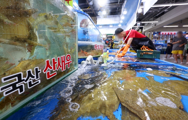 일본 정부가 원전 오염수를 방류한 뒤 첫 주말인 27일 서울 시내의 한 수산시장 매장에 국내산 원산지 표시가 붙어 있다. 연합뉴스