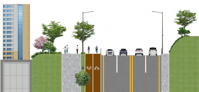 서울 서부간선도로 보행녹지공간 조성 모식도. 왕복 4차선 도로는 유지하지만 차로를 좁히고 보행로와 자전거도로를 만든다. 2023.8.28  서울시 제공