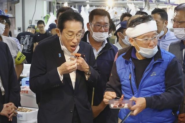 지난달 31일 일본 도쿄의 한 수산시장을 방문한 기시다 후미오(앞줄 왼쪽) 일본 총리가 후쿠시마 제1원자력발전소 오염수(일본명 ‘처리수’)의 안전성을 강조하려는 목적으로 수산물을 먹고 있다. 도쿄 AP 연합뉴스