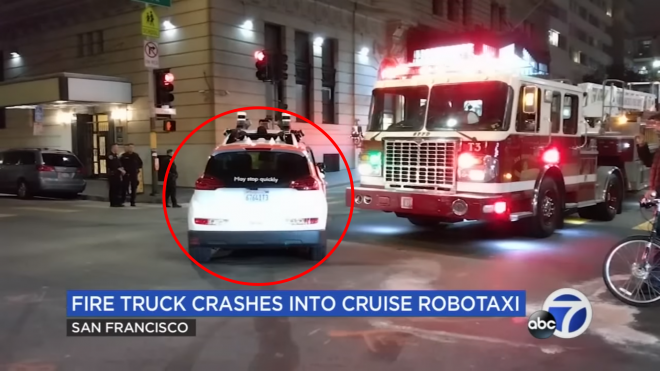 지난달 17일 미국 샌프란시스코에서 긴급 신고를 받고 출동하던 소방차를 자율주행 택시(붉은 원)가 막아섰다. abc뉴스 보도화면 캡처