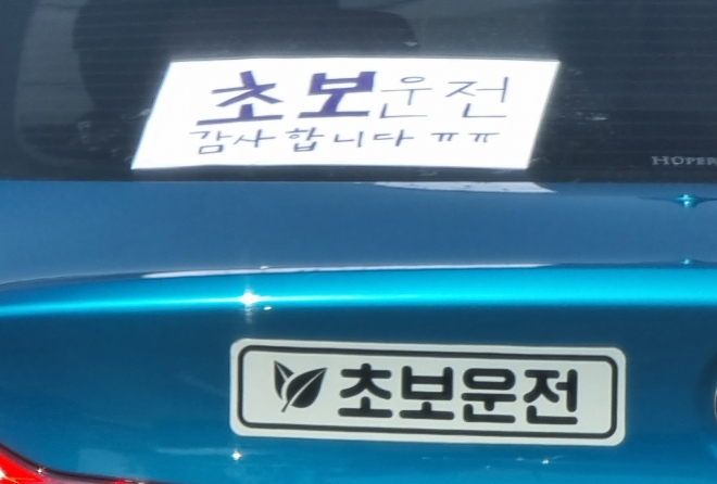 초보 운전자가 자신의 차에 붙여놓은 초보 글자와 스티커. 도준석 기자