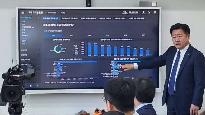 7일 오영훈 제주도지사가 집무실에 마련된 ‘제주 디지털 도정’을 이용한 디지털회의가 이달부터 본격 가동되고 있다며 직접 시연을 하고 있다. 제주 강동삼 기자