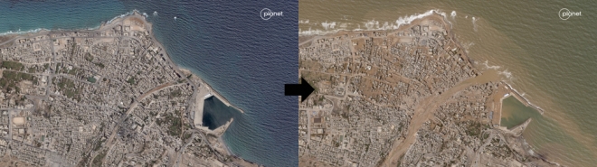 미국 민간위성업체 플래닛랩스가 공개한 북아프리카 리비아 항구 도시 데르나의 폭풍 다니엘이 몰아치기 전인 지난 2일(왼쪽)과 폭풍이 지나간 뒤인 12일(오른쪽)의 위성사진. 데르나 로이터 연합뉴스