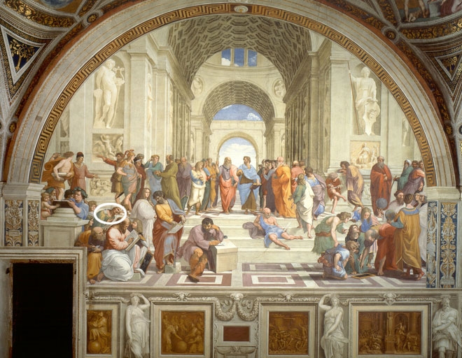 이탈리아의 르네상스 예술가 라파엘로가 그린 ‘아테네 학당’에는 이슬람 철학자 이븐루시드(원 안)가 등장한다.  위키피디아 제공