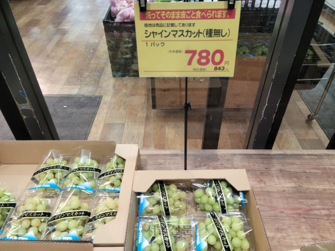 18일 일본 도쿄 시부야구의 한 마트에서 샤인머스캣 포도 한 송이가 세금 포함 843엔(약 7600원)에 팔리고 있다.
