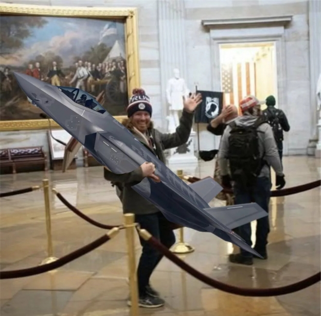 미국 의회 난동 가담자 중 한 명이 F35B 전투기를 훔펴갔다는 밈(meme).