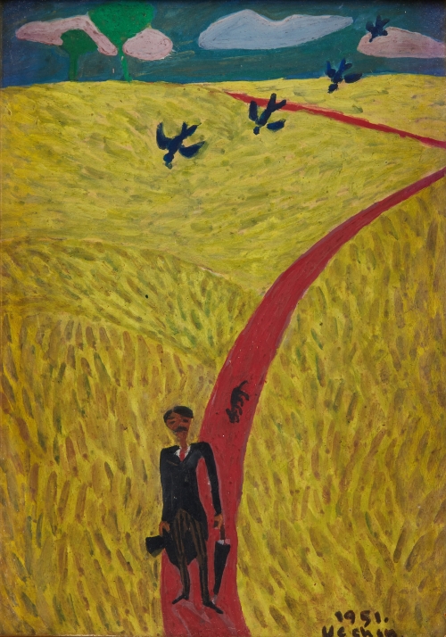 논두렁길을 걷는 장욱진의 뒤로 검둥개와 새들이 뒤따르는 ‘자화상’(1951). 국립현대미술관 제공