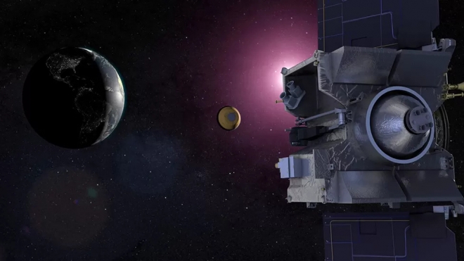 우주 탐사선 오시리스렉스가 지구를 향해 소행성 베누에서 채취한 샘플 캡슐을 떨구는 모습을 그린 상상도. 오시리스렉스는 다시 다른 임무를 수행하기 위해 계속 비행하게 된다. NASA 제공