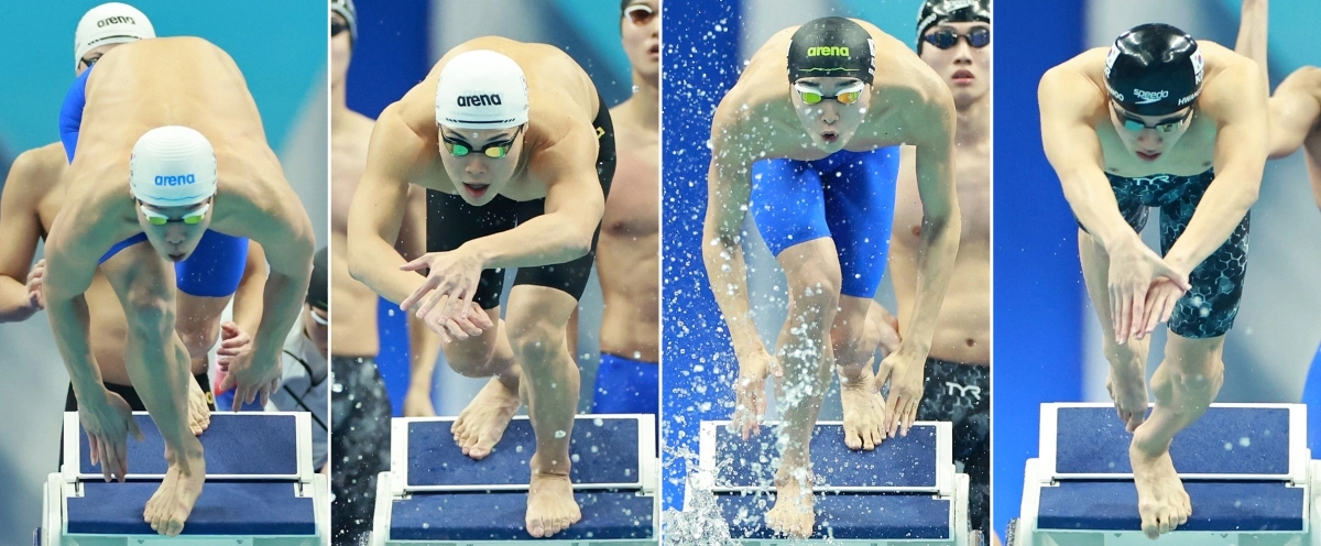 2022 항저우아시안게임 남자 800m 계영 결선에 출전한 수영 대표팀 선수들(왼쪽부터 양재훈·이호준·김우민·황선우)이 각각 힘차게 입수하고 있다.  항저우 연합뉴스