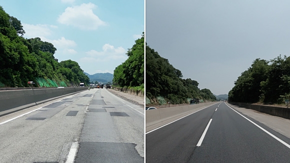 중부고속도로 공사 전(왼쪽)·후 고속도로 모습. 한국도로공사 제공