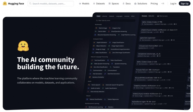 오픈소스AI 리더보드를 운영하는 허깅페이스의 홈페이지 첫 화면.